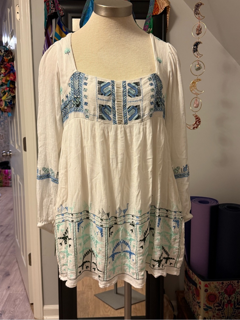 Free People White Tunic with Blue & Teal Embroidery